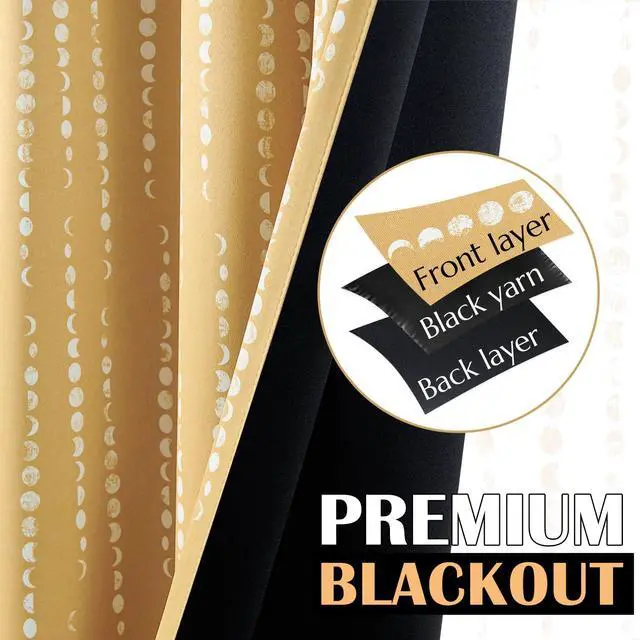 Alt view image 3 of 7 - 95% Blackout Boho Curtains 84 Inches Long Mustard Moon Phases Printed Drapes Rod Pocket Thermal Insulated Curtains for Bedroom Nursery Yellow Window Drapes Curtain Set 2 Panels