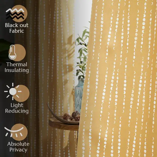 Alt view image 6 of 7 - 95% Blackout Boho Curtains 84 Inches Long Mustard Moon Phases Printed Drapes Rod Pocket Thermal Insulated Curtains for Bedroom Nursery Yellow Window Drapes Curtain Set 2 Panels