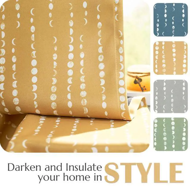 Alt view image 5 of 7 - 95% Blackout Boho Curtains 84 Inches Long Mustard Moon Phases Printed Drapes Rod Pocket Thermal Insulated Curtains for Bedroom Nursery Yellow Window Drapes Curtain Set 2 Panels