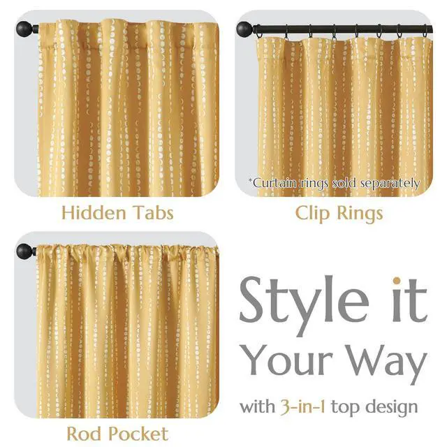 Alt view image 7 of 7 - 95% Blackout Boho Curtains 84 Inches Long Mustard Moon Phases Printed Drapes Rod Pocket Thermal Insulated Curtains for Bedroom Nursery Yellow Window Drapes Curtain Set 2 Panels