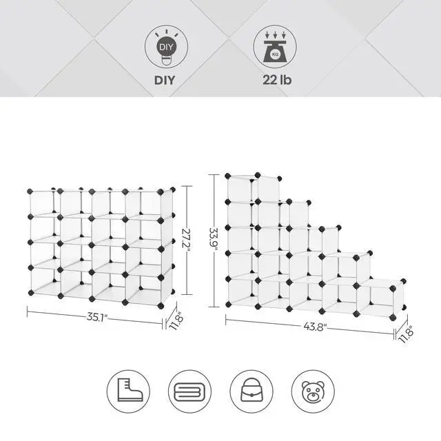 Alt view image 3 of 7 - Shoe Rack with 16 Cubes, Interlocking Plastic Shoe Organizer, DIY Storage Cabinet for Closet Entryway Bedroom Garage, Space Saving Design, 12 x 35.1 x 27.2 Inches, Transparent ULPC445W02