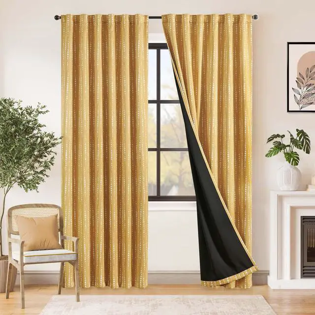 Alt view image 2 of 7 - 95% Blackout Boho Curtains 84 Inches Long Mustard Moon Phases Printed Drapes Rod Pocket Thermal Insulated Curtains for Bedroom Nursery Yellow Window Drapes Curtain Set 2 Panels