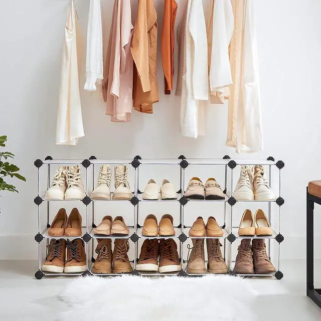 Alt view image 4 of 7 - Shoe Rack with 16 Cubes, Interlocking Plastic Shoe Organizer, DIY Storage Cabinet for Closet Entryway Bedroom Garage, Space Saving Design, 12 x 35.1 x 27.2 Inches, Transparent ULPC445W02