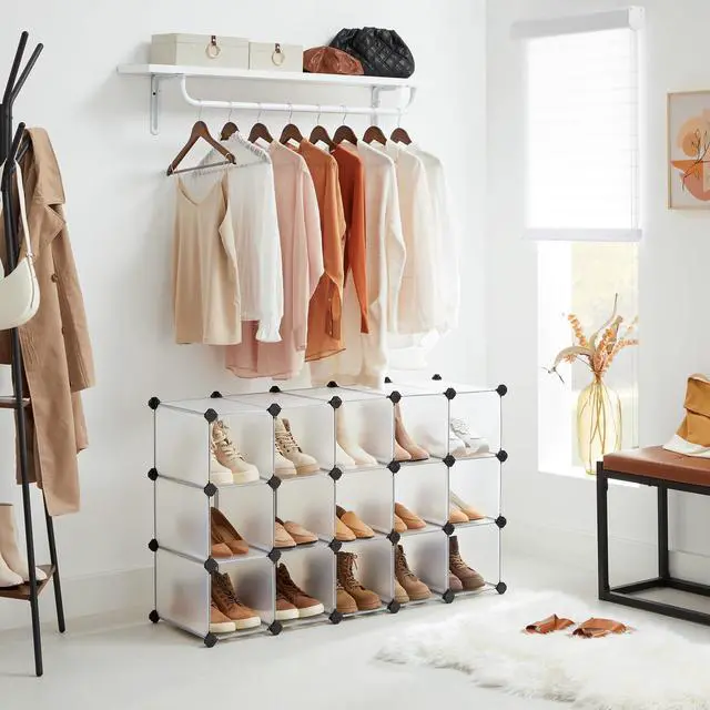 Alt view image 7 of 7 - Shoe Rack with 16 Cubes, Interlocking Plastic Shoe Organizer, DIY Storage Cabinet for Closet Entryway Bedroom Garage, Space Saving Design, 12 x 35.1 x 27.2 Inches, Transparent ULPC445W02