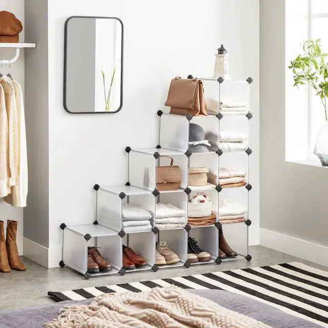 Alt view image 2 of 7 - Shoe Rack with 16 Cubes, Interlocking Plastic Shoe Organizer, DIY Storage Cabinet for Closet Entryway Bedroom Garage, Space Saving Design, 12 x 35.1 x 27.2 Inches, Transparent ULPC445W02
