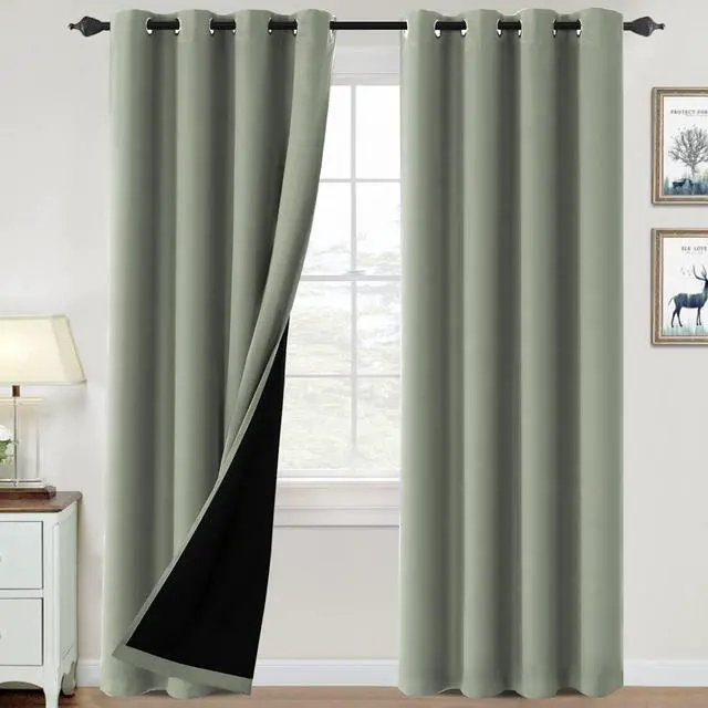 Main image of 100% Blackout Curtains for Bedroom Thermal Insulated Blackout Curtains 84 inch Length Heat and Full Light Blocking Curtains for Living Room with Black Liner 2 Panels Set, Light Sage
