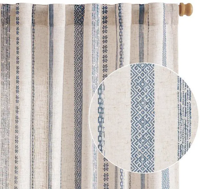 Main image of Linen Blend Boho Curtains for Living Room, 84 Inch Long Blue Printed on Beige Retro Farmhouse Bohemian Geometric Striped Drapes, Light Filtering Back Tab Curtains 2 Panels