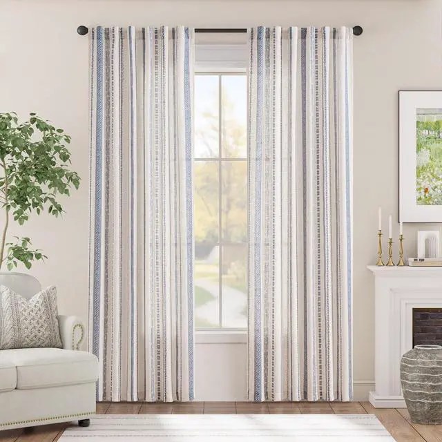 Alt view image 2 of 7 - Linen Blend Boho Curtains for Living Room, 84 Inch Long Blue Printed on Beige Retro Farmhouse Bohemian Geometric Striped Drapes, Light Filtering Back Tab Curtains 2 Panels