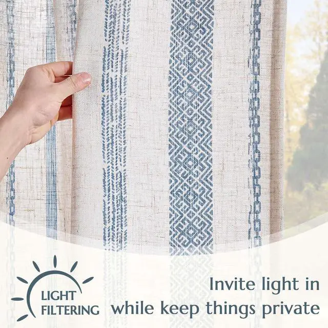Alt view image 3 of 7 - Linen Blend Boho Curtains for Living Room, 84 Inch Long Blue Printed on Beige Retro Farmhouse Bohemian Geometric Striped Drapes, Light Filtering Back Tab Curtains 2 Panels