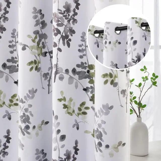 Main image of Floral Curtains, 84 Inch Long Living Room Curtains, Room Darkening Thermal Insulated, Light Blocking Grommet Drapes, 2 Panels, Grey and Sage