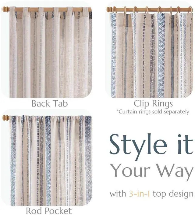 Alt view image 4 of 7 - Linen Blend Boho Curtains for Living Room, 84 Inch Long Blue Printed on Beige Retro Farmhouse Bohemian Geometric Striped Drapes, Light Filtering Back Tab Curtains 2 Panels
