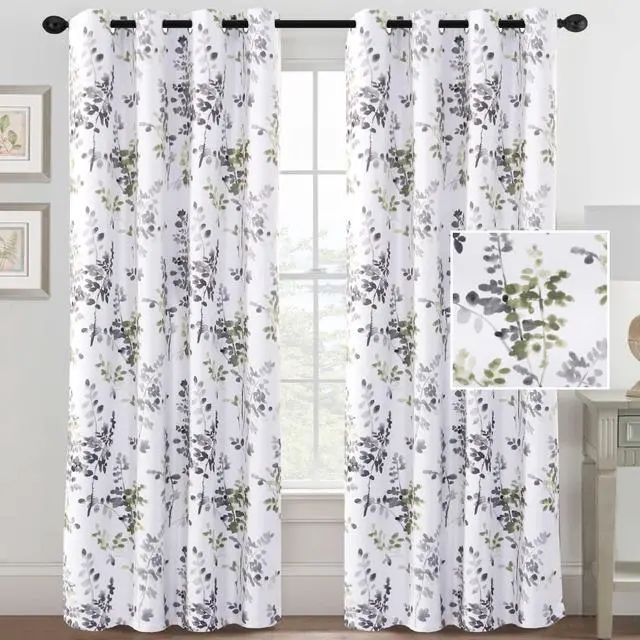 Alt view image 2 of 7 - Floral Curtains, 84 Inch Long Living Room Curtains, Room Darkening Thermal Insulated, Light Blocking Grommet Drapes, 2 Panels, Grey and Sage