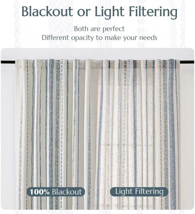 Alt view image 5 of 7 - Linen Blend Boho Curtains for Living Room, 84 Inch Long Blue Printed on Beige Retro Farmhouse Bohemian Geometric Striped Drapes, Light Filtering Back Tab Curtains 2 Panels