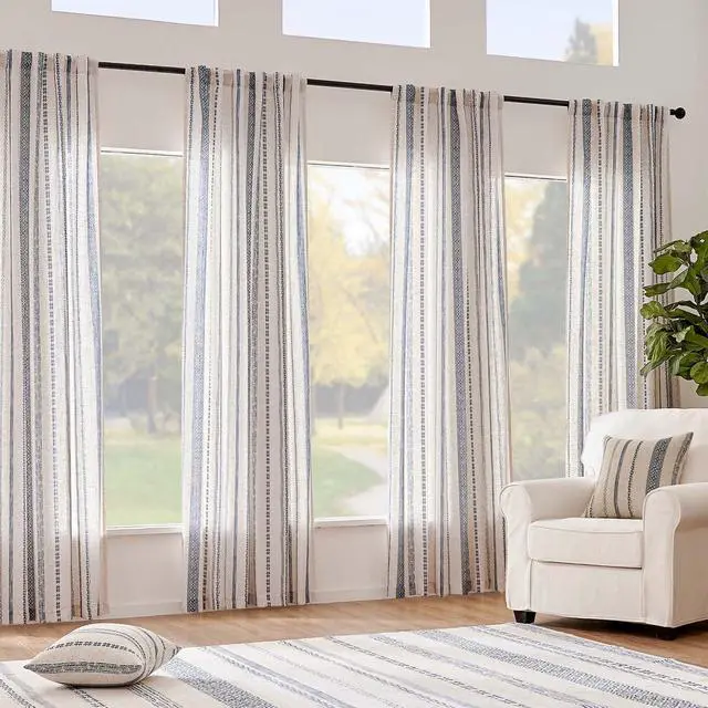 Alt view image 6 of 7 - Linen Blend Boho Curtains for Living Room, 84 Inch Long Blue Printed on Beige Retro Farmhouse Bohemian Geometric Striped Drapes, Light Filtering Back Tab Curtains 2 Panels
