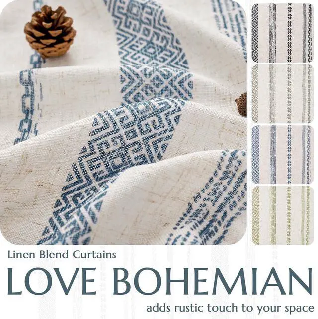 Alt view image 7 of 7 - Linen Blend Boho Curtains for Living Room, 84 Inch Long Blue Printed on Beige Retro Farmhouse Bohemian Geometric Striped Drapes, Light Filtering Back Tab Curtains 2 Panels