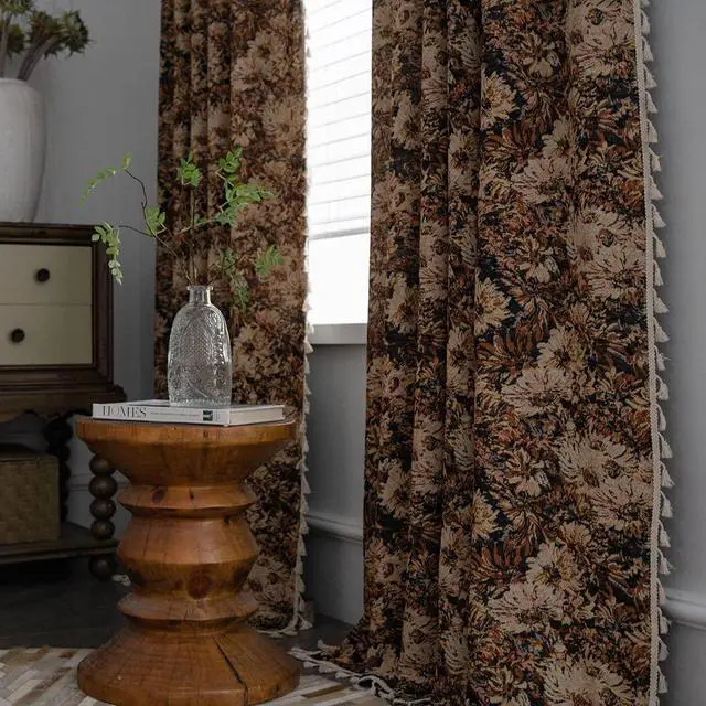 Alt view image 3 of 7 - Vintage Floral Oil Painting Curtains with Tassels Set of 2 Panels Rod Pocket Thermal Insulated Room Darkening Window Curtains/Drapes for Bedroom Living Room (Coffee,59"x87")