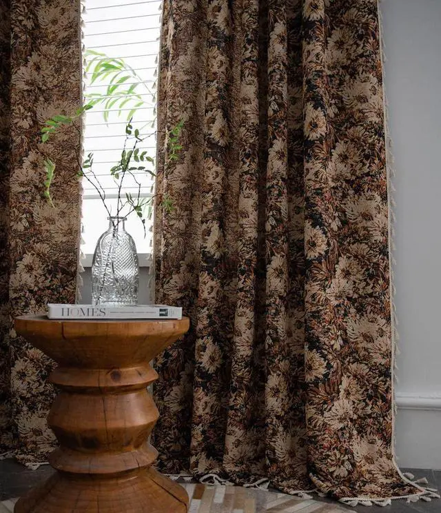 Alt view image 5 of 7 - Vintage Floral Oil Painting Curtains with Tassels Set of 2 Panels Rod Pocket Thermal Insulated Room Darkening Window Curtains/Drapes for Bedroom Living Room (Coffee,59"x87")