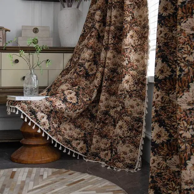 Alt view image 6 of 7 - Vintage Floral Oil Painting Curtains with Tassels Set of 2 Panels Rod Pocket Thermal Insulated Room Darkening Window Curtains/Drapes for Bedroom Living Room (Coffee,59"x87")