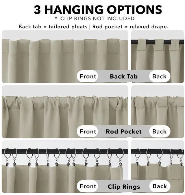 Alt view image 2 of 7 - Room Darkening Curtains for Living Room, Light Beige Light Filtering Thermal Drapes 84 Inches Long, Back Tab and Rod Pocket Window Curtains, 52W x 84L Inch, 2 Panels