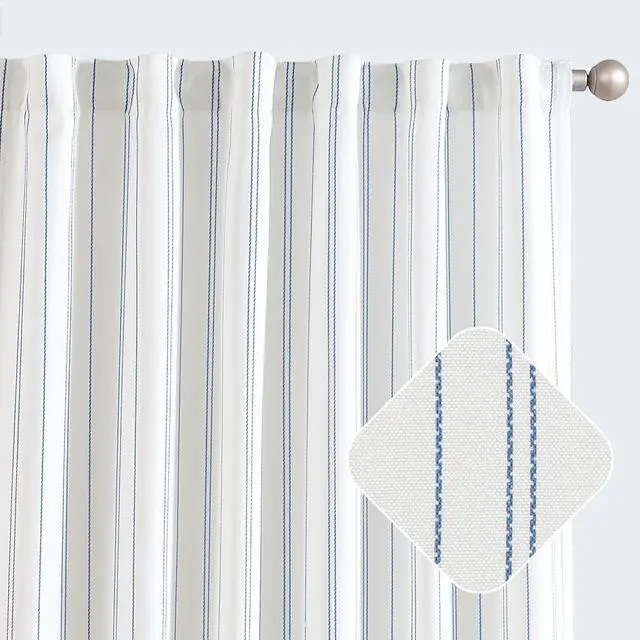 Main image of White Curtains Blue Striped Curtains 84 Inch Length for Living Room Bedroom Window Treatment Modern Linen Look Ticking Stripe Pinstripe Privacy Light Filtering Back Tab Rod Pocket 2 Panels