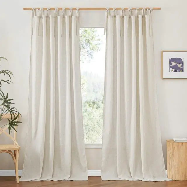 Main image of Thick Linen Curtains 84 inch Length 2 Panels Set, Tie Top Light Filtering Curtains Semitransparent Linen Burlap Drapes Privacy for Bedroom/Princess Room, W52 x L84, Natural