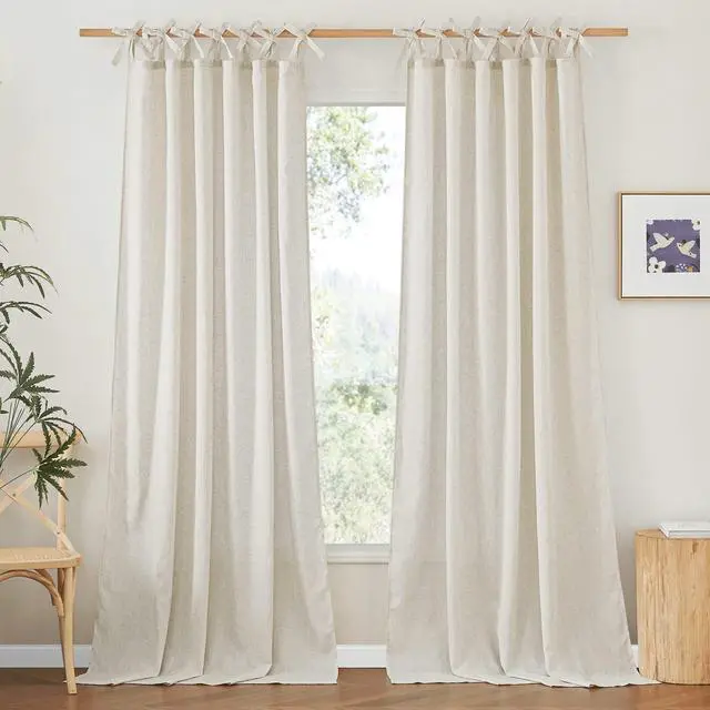 Alt view image 2 of 7 - Thick Linen Curtains 84 inch Length 2 Panels Set, Tie Top Light Filtering Curtains Semitransparent Linen Burlap Drapes Privacy for Bedroom/Princess Room, W52 x L84, Natural
