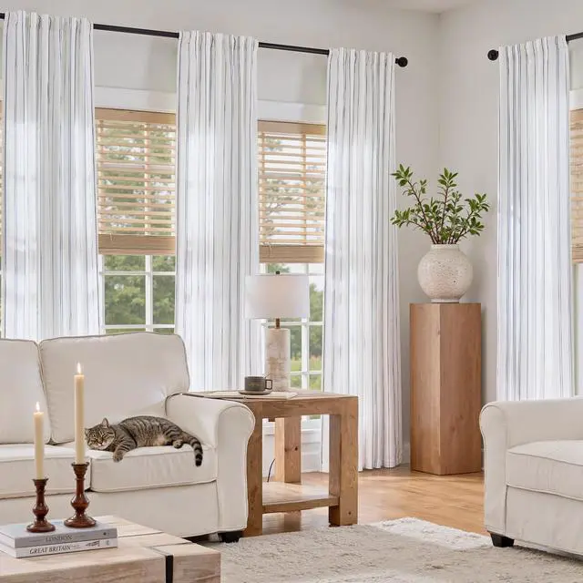 Alt view image 3 of 7 - White Curtains Blue Striped Curtains 84 Inch Length for Living Room Bedroom Window Treatment Modern Linen Look Ticking Stripe Pinstripe Privacy Light Filtering Back Tab Rod Pocket 2 Panels