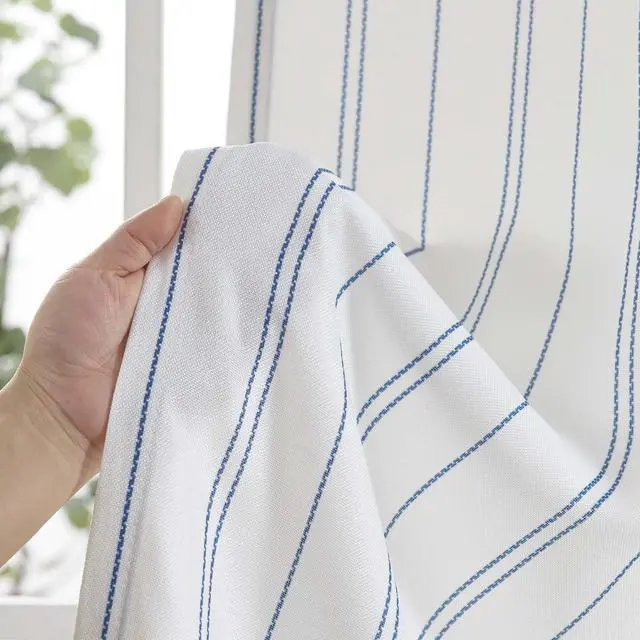 Alt view image 4 of 7 - White Curtains Blue Striped Curtains 84 Inch Length for Living Room Bedroom Window Treatment Modern Linen Look Ticking Stripe Pinstripe Privacy Light Filtering Back Tab Rod Pocket 2 Panels