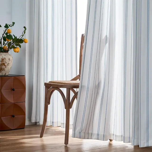 Alt view image 5 of 7 - White Curtains Blue Striped Curtains 84 Inch Length for Living Room Bedroom Window Treatment Modern Linen Look Ticking Stripe Pinstripe Privacy Light Filtering Back Tab Rod Pocket 2 Panels