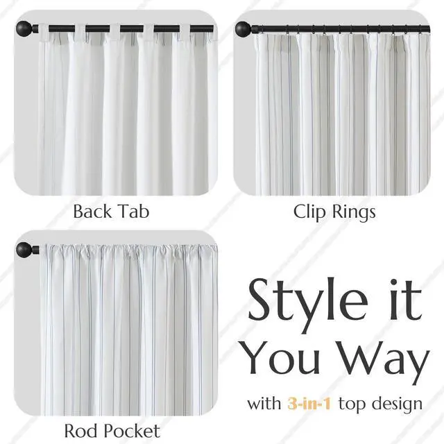 Alt view image 6 of 7 - White Curtains Blue Striped Curtains 84 Inch Length for Living Room Bedroom Window Treatment Modern Linen Look Ticking Stripe Pinstripe Privacy Light Filtering Back Tab Rod Pocket 2 Panels