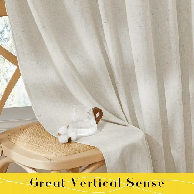Alt view image 6 of 7 - Thick Linen Curtains 84 inch Length 2 Panels Set, Tie Top Light Filtering Curtains Semitransparent Linen Burlap Drapes Privacy for Bedroom/Princess Room, W52 x L84, Natural