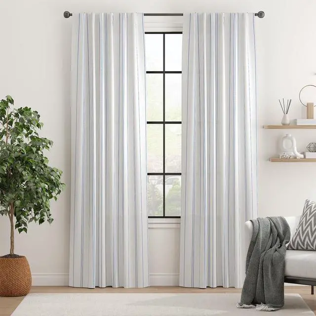 Alt view image 7 of 7 - White Curtains Blue Striped Curtains 84 Inch Length for Living Room Bedroom Window Treatment Modern Linen Look Ticking Stripe Pinstripe Privacy Light Filtering Back Tab Rod Pocket 2 Panels