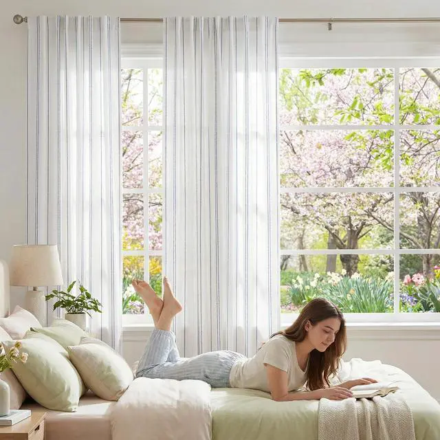 Alt view image 2 of 7 - White Curtains Blue Striped Curtains 84 Inch Length for Living Room Bedroom Window Treatment Modern Linen Look Ticking Stripe Pinstripe Privacy Light Filtering Back Tab Rod Pocket 2 Panels