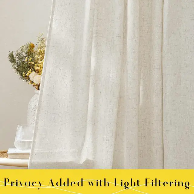 Alt view image 4 of 7 - Thick Linen Curtains 84 inch Length 2 Panels Set, Tie Top Light Filtering Curtains Semitransparent Linen Burlap Drapes Privacy for Bedroom/Princess Room, W52 x L84, Natural