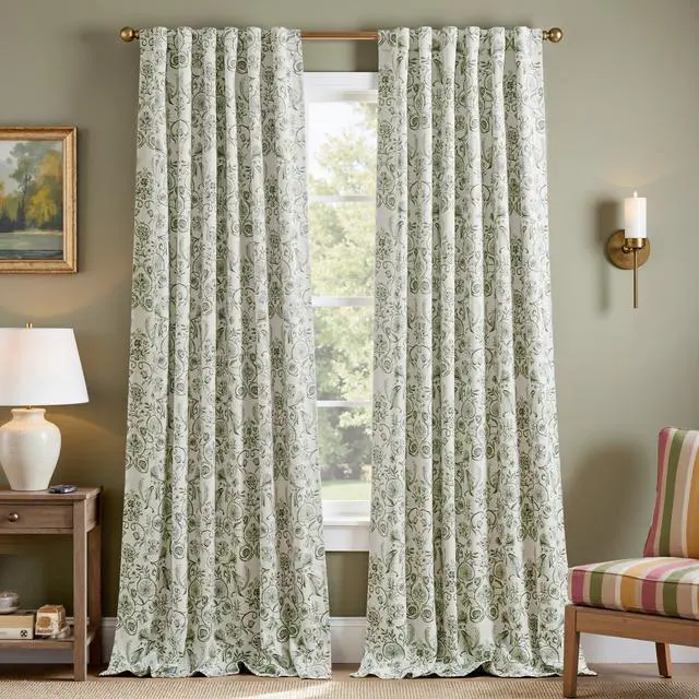 Main image of Floral Blackout Curtains for Bedroom Living Room 96 Inches Length Farmhouse Curtains Room Darkening Vintage Drapes Traditional Rod Pocket Window Treatment 2 Panels Set Sage Green on Beige