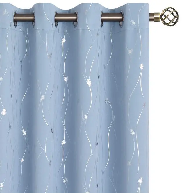 Main image of Room Darkening Curtains 84 Inches Long, Grommet Thermal Insulated Blackout Curtains with Wave Line and Dots Printed for Bedroom, 2 Panels, Each 52 x 84 Inch, Light Blue