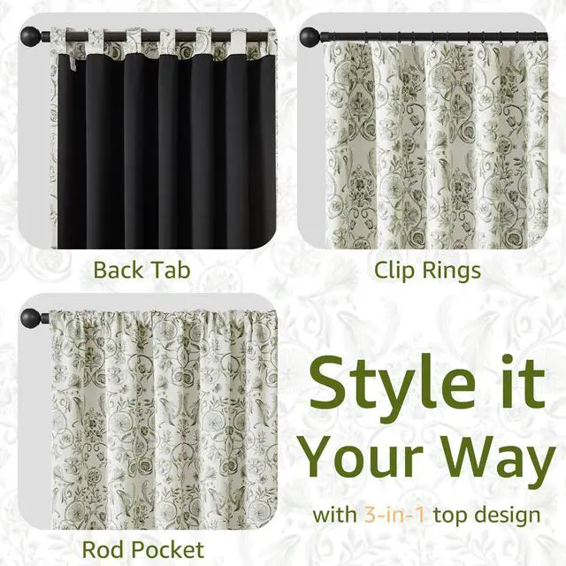 Alt view image 7 of 7 - Floral Blackout Curtains for Bedroom Living Room 96 Inches Length Farmhouse Curtains Room Darkening Vintage Drapes Traditional Rod Pocket Window Treatment 2 Panels Set Sage Green on Beige