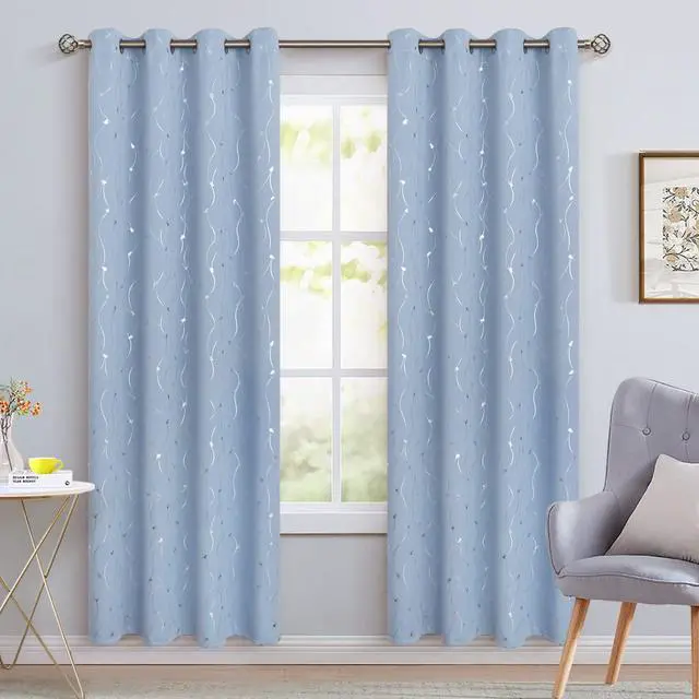 Alt view image 2 of 7 - Room Darkening Curtains 84 Inches Long, Grommet Thermal Insulated Blackout Curtains with Wave Line and Dots Printed for Bedroom, 2 Panels, Each 52 x 84 Inch, Light Blue