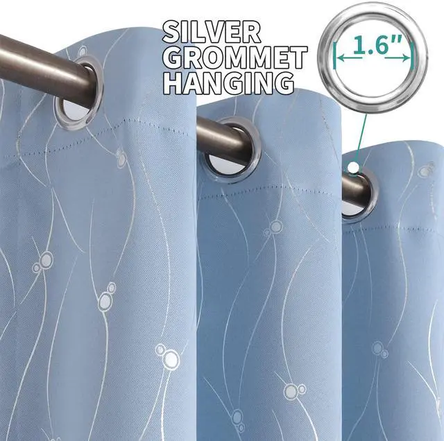 Alt view image 5 of 7 - Room Darkening Curtains 84 Inches Long, Grommet Thermal Insulated Blackout Curtains with Wave Line and Dots Printed for Bedroom, 2 Panels, Each 52 x 84 Inch, Light Blue