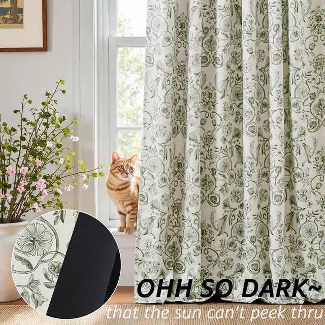 Alt view image 3 of 7 - Floral Blackout Curtains for Bedroom Living Room 96 Inches Length Farmhouse Curtains Room Darkening Vintage Drapes Traditional Rod Pocket Window Treatment 2 Panels Set Sage Green on Beige
