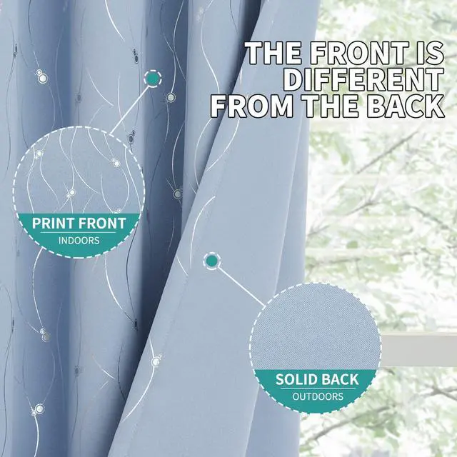 Alt view image 3 of 7 - Room Darkening Curtains 84 Inches Long, Grommet Thermal Insulated Blackout Curtains with Wave Line and Dots Printed for Bedroom, 2 Panels, Each 52 x 84 Inch, Light Blue