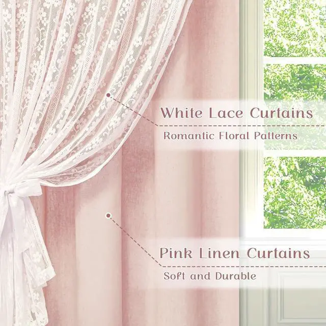 Alt view image 2 of 7 - Linen Pink Curtains for Bedroom, Double Layered Curtain 84 Inch Length 2 Panels Set, Farmhouse Rod Pocket Curtains & Drapes with Tiebacks, Light Filtering Curtain for Living Room, 52 x 84 Inch