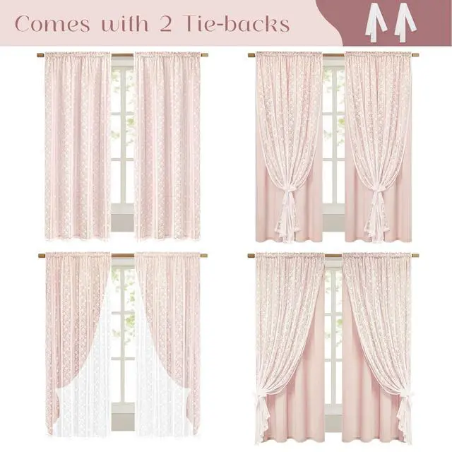 Alt view image 3 of 7 - Linen Pink Curtains for Bedroom, Double Layered Curtain 84 Inch Length 2 Panels Set, Farmhouse Rod Pocket Curtains & Drapes with Tiebacks, Light Filtering Curtain for Living Room, 52 x 84 Inch