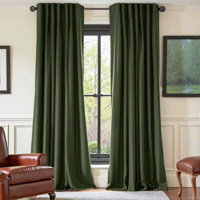 Main image of Olive Green Velvet Curtains Thermal Insulated Blackout Curtain for Bedroom Window Living Room Darkening Luxury Vintage 84 Inches Long Heavy Drapes Panels Back Tab Set of 2