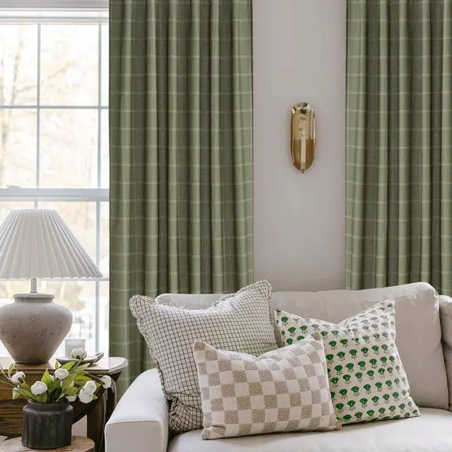 Alt view image 6 of 7 - Linen Plaid Curtains Modern Window Panels Moss Green Check Tartan Light Filtering Curtains for Living Room Bedroom, Rod Pocket Back Tab, 2 Panels, 52 inch Wide x 96 inch Long