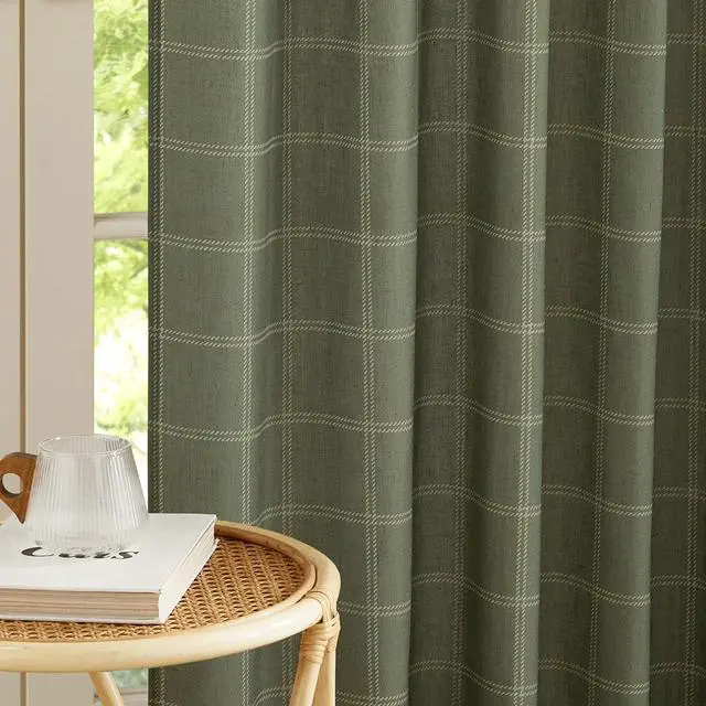 Alt view image 7 of 7 - Linen Plaid Curtains Modern Window Panels Moss Green Check Tartan Light Filtering Curtains for Living Room Bedroom, Rod Pocket Back Tab, 2 Panels, 52 inch Wide x 96 inch Long