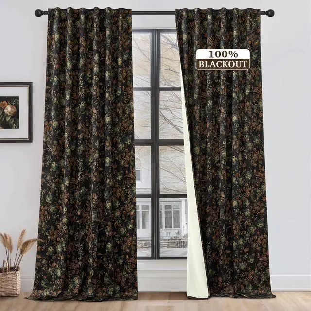 Main image of Black Floral Curtains 84 Inches Long, 100% Blackout Vintage Boho Velvet Curtains & Drapes Thermal Insulated Super Soft Patterned Panels for Living Room Bedroom, W52 x L84, 2 Panels