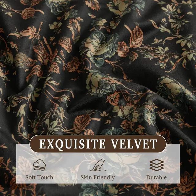 Alt view image 3 of 7 - Black Floral Curtains 84 Inches Long, 100% Blackout Vintage Boho Velvet Curtains & Drapes Thermal Insulated Super Soft Patterned Panels for Living Room Bedroom, W52 x L84, 2 Panels