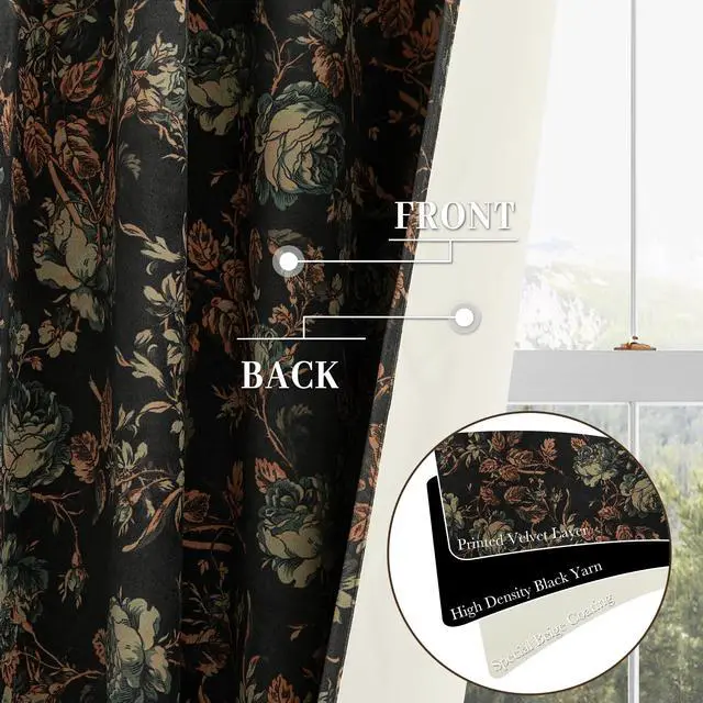 Alt view image 4 of 7 - Black Floral Curtains 84 Inches Long, 100% Blackout Vintage Boho Velvet Curtains & Drapes Thermal Insulated Super Soft Patterned Panels for Living Room Bedroom, W52 x L84, 2 Panels