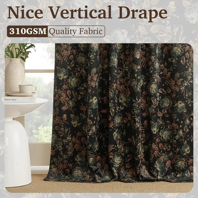 Alt view image 6 of 7 - Black Floral Curtains 84 Inches Long, 100% Blackout Vintage Boho Velvet Curtains & Drapes Thermal Insulated Super Soft Patterned Panels for Living Room Bedroom, W52 x L84, 2 Panels